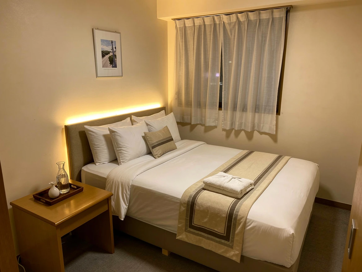 The same hotel room with warm, even lighting and richer colour