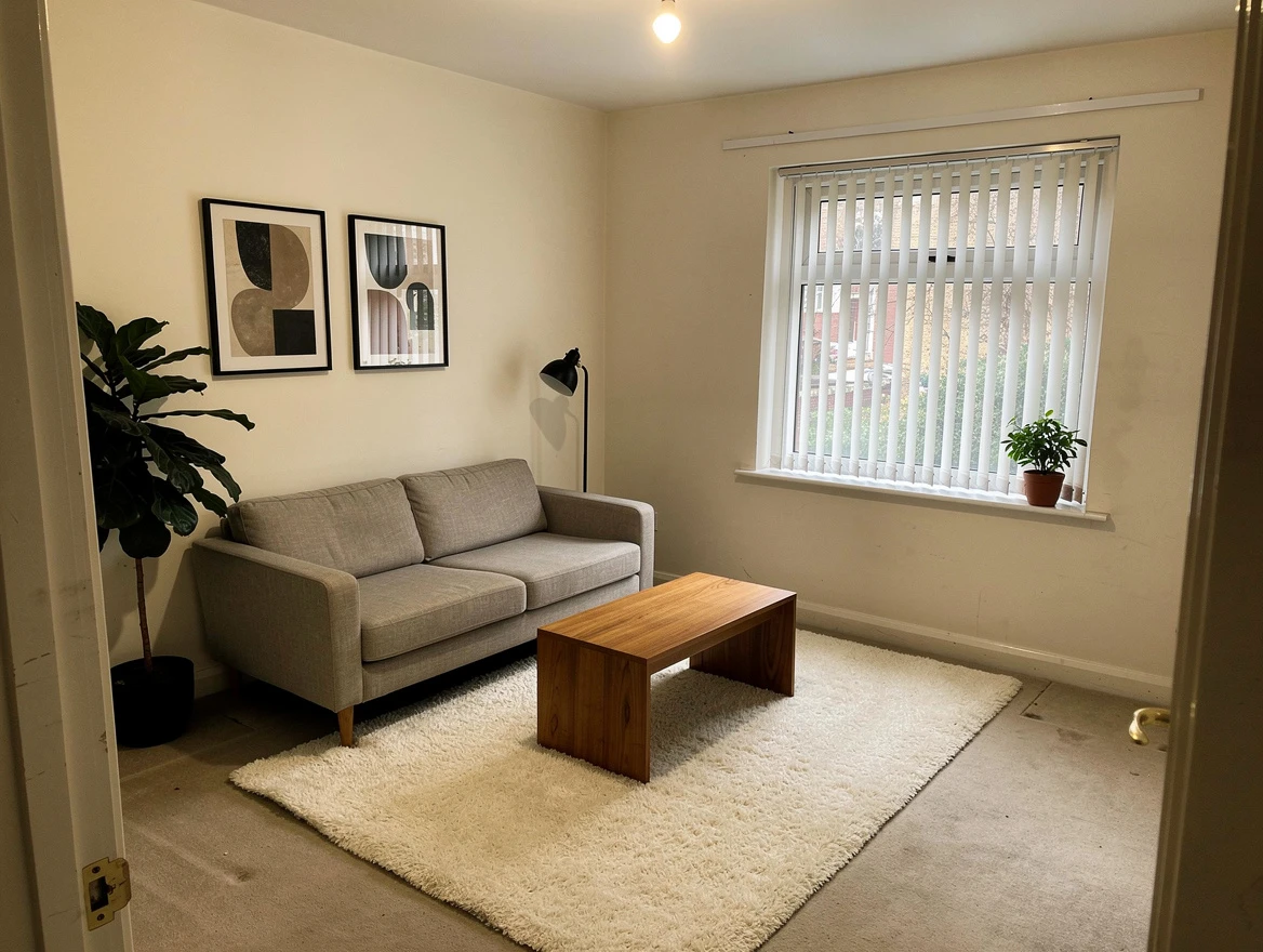 The same bedroom virtually staged with a grey sofa, wooden coffee table, rug, plant and framed art